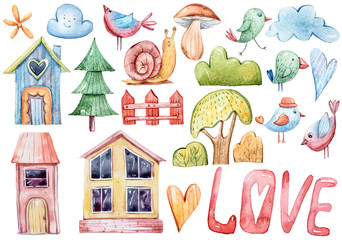 Watercolor hand painted cartoon fantasy illustrations set. Lovely clipart: house, birds, clouds, hearts, snail, birds, mushrooms, fantasy apple. Perfect for patterns, stickers, greeting cards