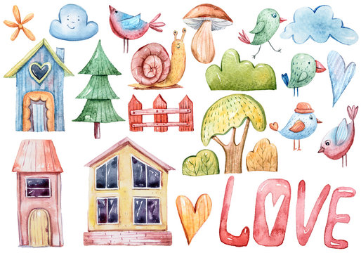 Watercolor hand painted cartoon fantasy illustrations set. Lovely clipart: house, birds, clouds, hearts, snail, birds, mushrooms, fantasy apple. Perfect for patterns, stickers, greeting cards