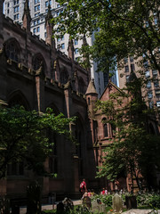 New York street view with modern and old historic buildings
