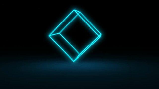 A blue neon cube rotates in space casting a shadow on the floor. Seamless loop.
