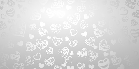 Background of big and small hearts with ornament of curls, in gray and white colors