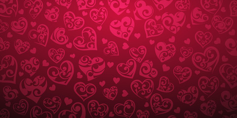 Fototapeta na wymiar Background of big and small hearts with ornament of curls, in crimson colors