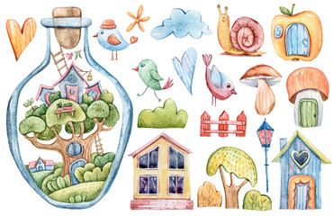 Aquarel handgeschilderde cartoon fantasie illustraties set. Mooie clipart: huis, vogels, wolken, harten, paddestoelen, fantasieappel. Perfect voor patronen, stickers, wenskaarten