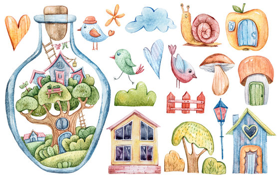 Watercolor hand painted cartoon fantasy illustrations set. Lovely clipart: house, birds, clouds, hearts, mushrooms, fantasy apple. Perfect for patterns, stickers, greeting cards