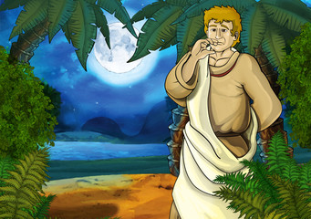 cartoon scene with greek or roman ancient character traveling and having adventure in the jungle near the sea or ocean - illustration for children