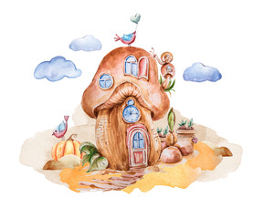 Watercolor cartoon fantasy mushroom-house with birds ans snail. Baby print on white background