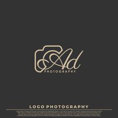 Initial Letter AD with camera. Logo photography simple luxury vector.