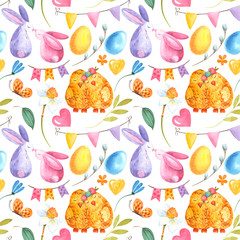 Seamless pattern with Easter rabbit, chicken, chicks, flowers, leaves, eggs, watercolor painting, pattern on isolated white background. Fabric wallpaper print texture. Stock illustration.