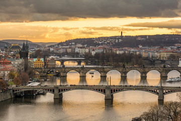 Obraz premium Bridges in Prague over Vltava river at sunset, Czech Republic