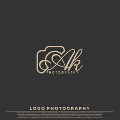 Initial Letter AK with camera. Logo photography simple luxury vector.