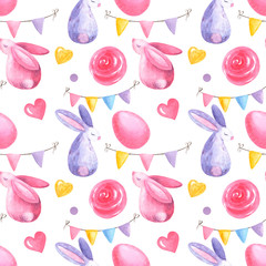 Seamless pattern with  Easter rabbit, flowers, leaves, eggs, watercolor painting, pattern on isolated white background.  Fabric wallpaper print texture.