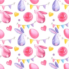 Fototapete Hase Nahtloses Muster mit Ostern-Kaninchen, Blumen, Blätter, Eier, Aquarellmalerei, Muster auf lokalisiertem weißem Hintergrund. Stofftapete Drucktextur.