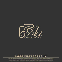 Initial Letter AU with camera. Logo photography simple luxury vector.