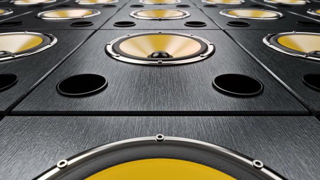 Camera moving forward over audio speakers with yellow membranes vibrating at 90 bpm frequency while playing seamlessly looped modern music. Close-up seamless loop. Music party idea concept.