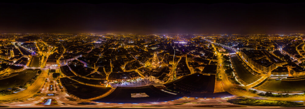 360 degree panoramic aerial view WITHOUT SKY, at night city of Murcia. Spain