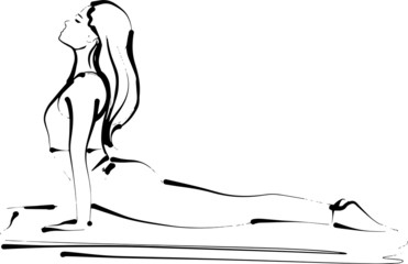 Vector ink line drawing illustration of  a young woman doing yoga. Black and white ink pen freehand drawing