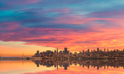 Fototapeta na wymiar Panorama of San Francisco California at sunset. San Francisco skyline and colorful clouds in the background