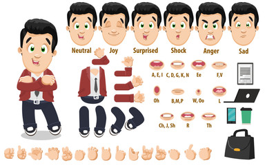 Cartoon young businessman constructor for animation. Parts of body, set of poses, objects.