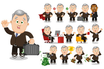 Big vector cartoon set with silver haired senior businessman in different situations.