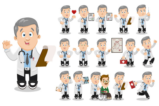Big vector cartoon set with silver haired physician, doctor in different situations.