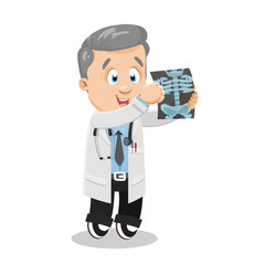 Professional cardiologist in white lab coat looking at x-ray.