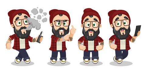 Bearded hipster in skully hat in different mood and poses.