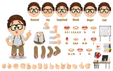 Cartoon spectacled teenager constructor for animation. Parts of body, set of poses, objects. - obrazy, fototapety, plakaty