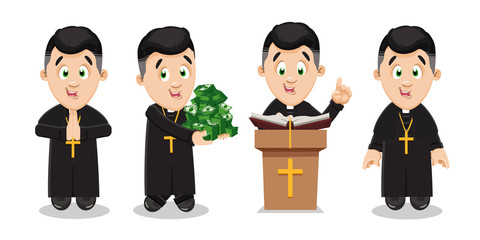 Vector set with catholic priest in black cassock with pectoral cross on breast in different situations.