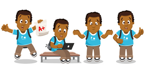 Vector set with afro-american student in blue tee shirt and brown trousers in different mood and poses.