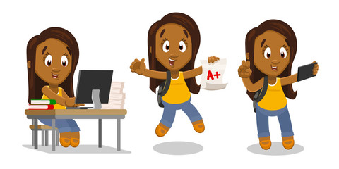 Vector set with highlights of ordinary life of afro-american beautiful girl, student.