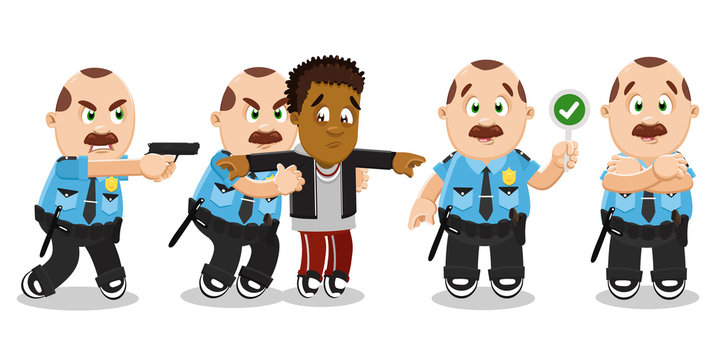 Vector set with mustached policeman in blue uniform in different situations.