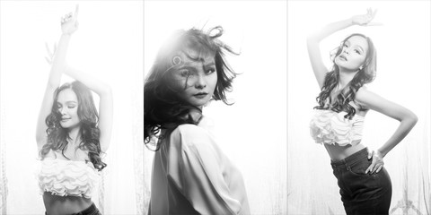 Three Collage Group Pack of Fashion Young Asian Woman black curl hair wear white shirt dress pose attractive glam look in many sensual style. High Key backlit exposure, copy space, monochrome