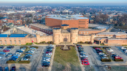 Lancaster County Prison, aerial view of historic jail in Pennsylvania, USA