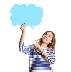 Young woman with blank speech bubble on white background
