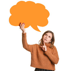Thoughtful young woman with blank speech bubble on white background