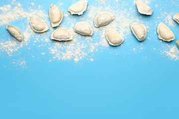 Raw dumplings on color background