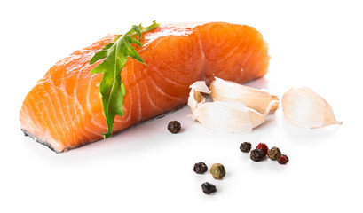 Raw salmon fillet on white background
