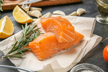 Fresh raw salmon on table
