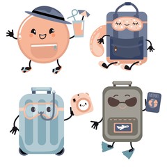 A set of cute vector travel icons. travel kawaii objects. Cartoon characters