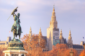 Fototapeta premium City landscape - view of the Statue of Archduke Charles on the Heldenplatz (Heroes Square) against the background of the Vienna City Hall, Austria, 2 December, 2019