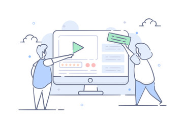 Team metaphor. people designing web. Vector illustration line filled design style. Symbol of teamwork, cooperation, partnership