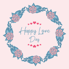 Beautiful rose flower frame design, isolated on a pink background, for happy love day greeting card template. Vector