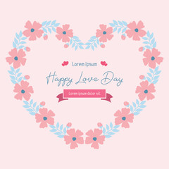 Beautiful peach flower frame and unique leaf pattern, for happy love day greeting card design. Vector