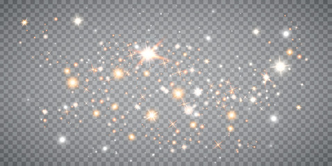 Dust white. White sparks and golden stars shine with special light. Vector sparkles on a transparent background.