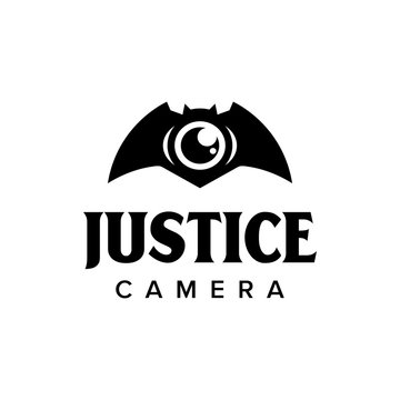 Justice cctv camera logo iconic. Camera bat eye. Branding for website, security company, cctv camera, detective, law, home protection, surveillance systems, etc. Isolated designs inspiratiration