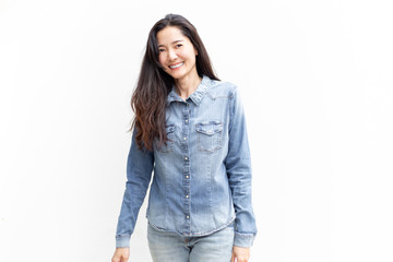 Obraz premium portrait happy cheerful young brunette asian woman with perfect smilling,clean skin.beautiful girl posing show white teeth smile relaxing.fashion people freedom life style concept
