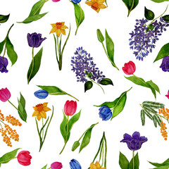 Fototapeta na wymiar Watercolor seamless pattern with spring flowers: tulips, daffodils, lilac, mimosa. Decorative floral pattern. Colorful nature background. Can be used for wedding invitations or any kind of a design.