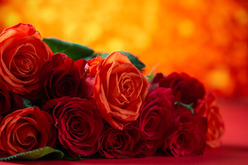 Congratulation on Valentine's Day, roses, flowers, romance. Red background, space for an inscription.