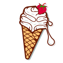ice cream in the waffle cone with strawberry isolated on white background. Vector flat outline icon. Comic character in cartoon style illustration for t shirt design