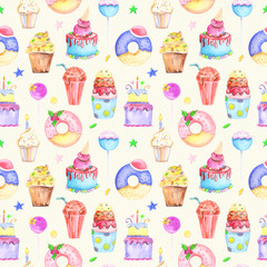 Illustration seamless pattern drawn by watercolor confectionery: cakes, muffins, macaroons on the background.